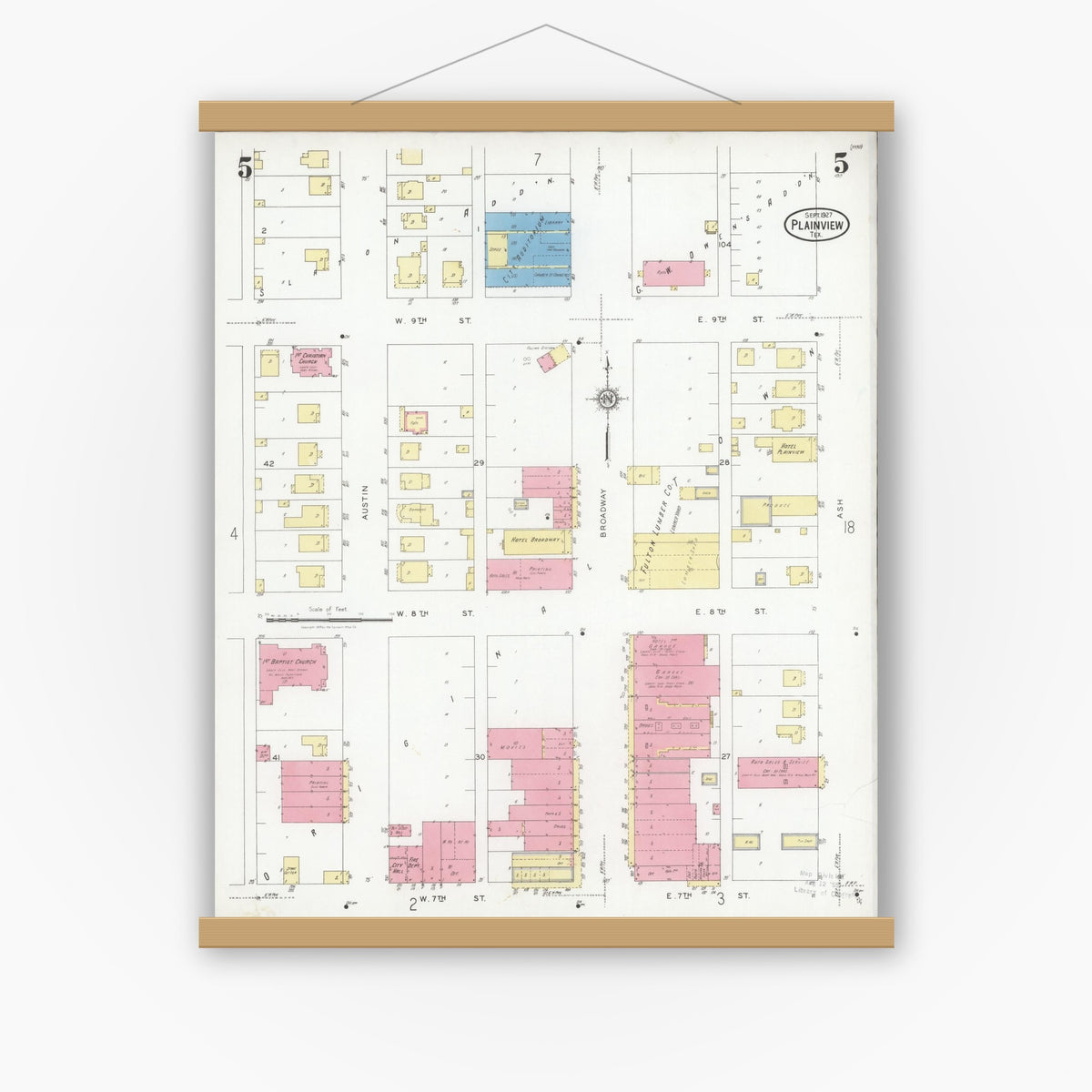 Old map wall art mockup — magnetic wood frame on white wall — Sanborn Fire Insurance Map from Plainview, Hale County, Texas (1927), Sheet #0005