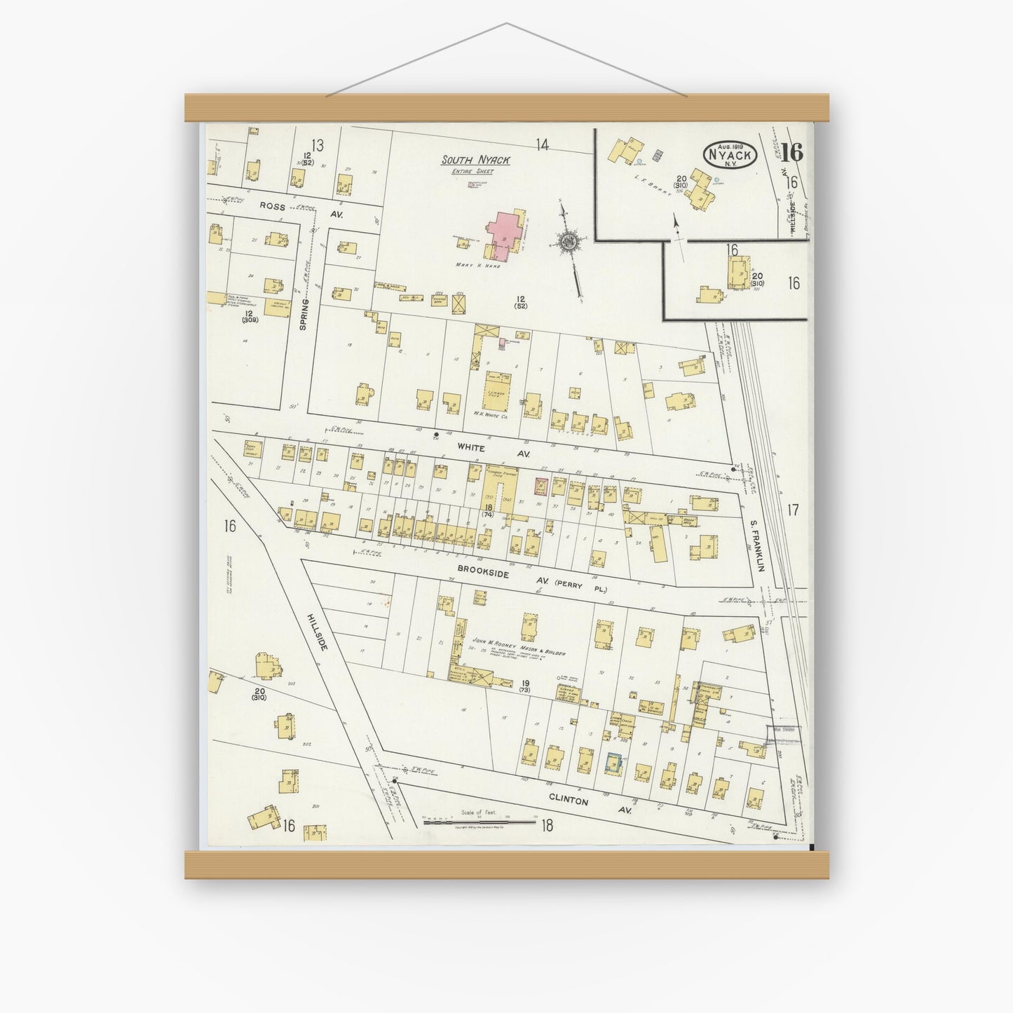 Old map wall art mockup — magnetic wood frame on white wall — Sanborn Fire Insurance Map from Nyack, Rockland County, New York. (1919), Sheet #0016