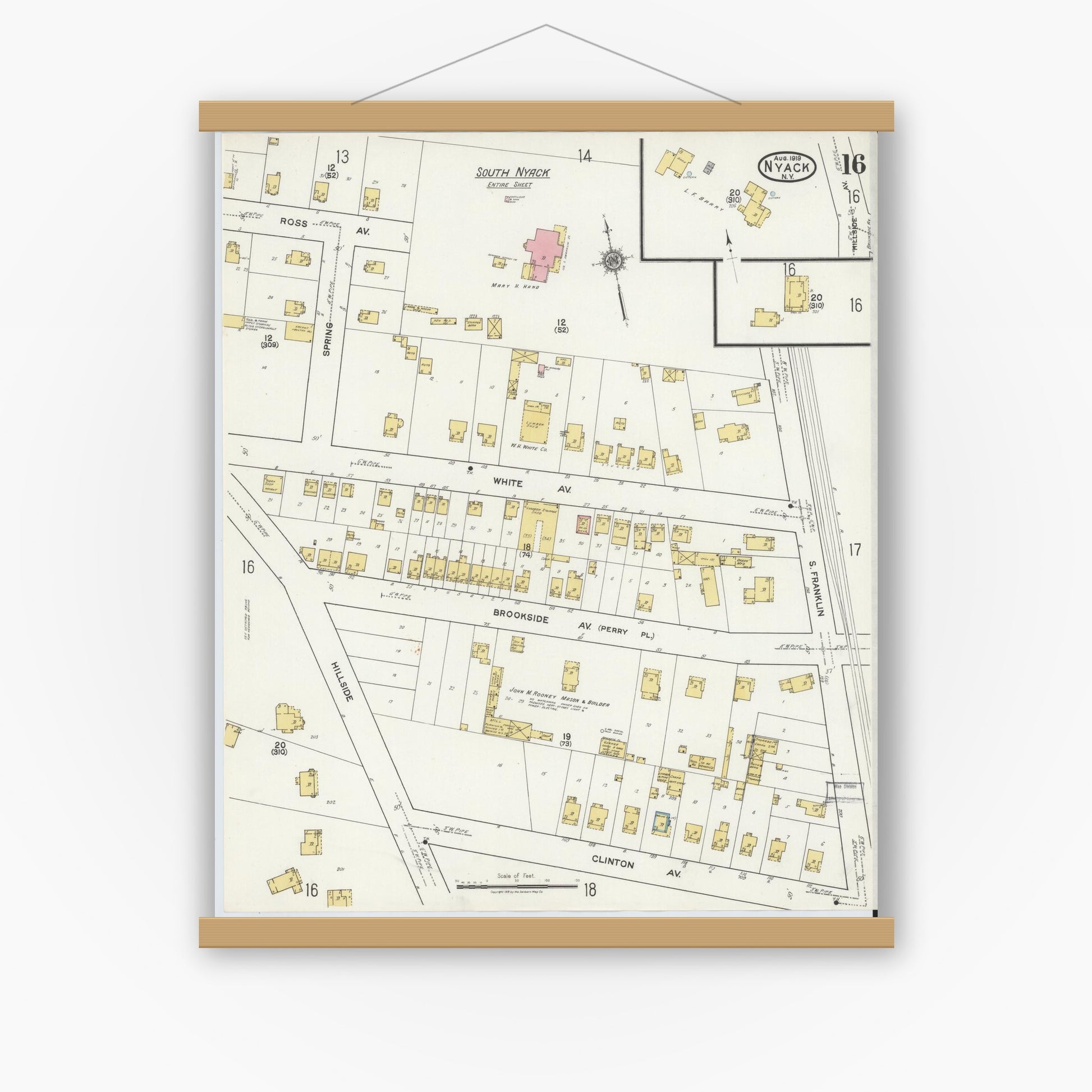 Old map wall art mockup — magnetic wood frame on white wall — Sanborn Fire Insurance Map from Nyack, Rockland County, New York. (1919), Sheet #0016
