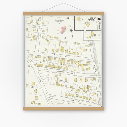 Old map wall art mockup — magnetic wood frame on white wall — Sanborn Fire Insurance Map from Nyack, Rockland County, New York. (1919), Sheet #0016