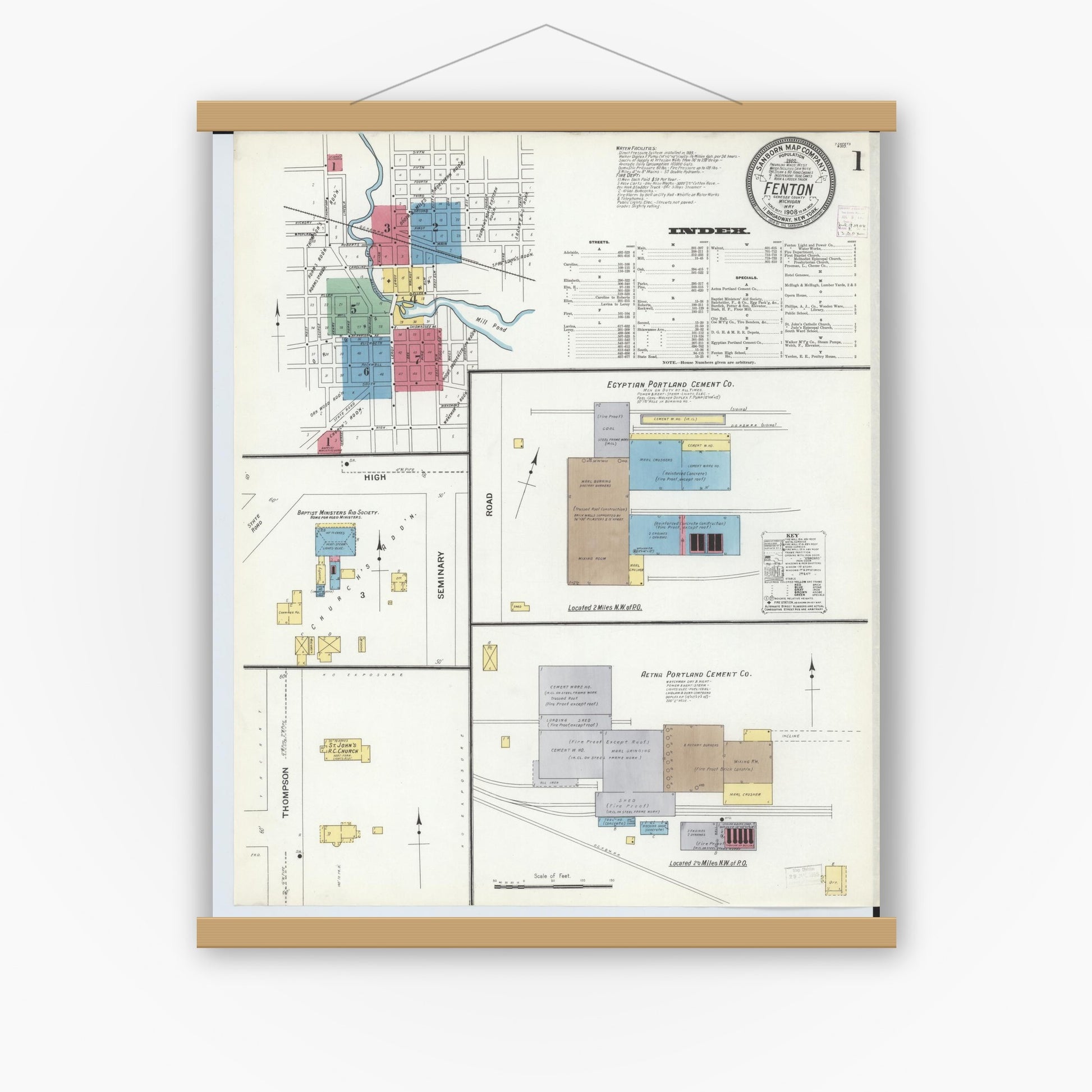 Old map wall art mockup — magnetic wood frame on white wall — Sanborn Fire Insurance Map from Fenton, Genesee County, Michigan (1908) - Complete Map Set