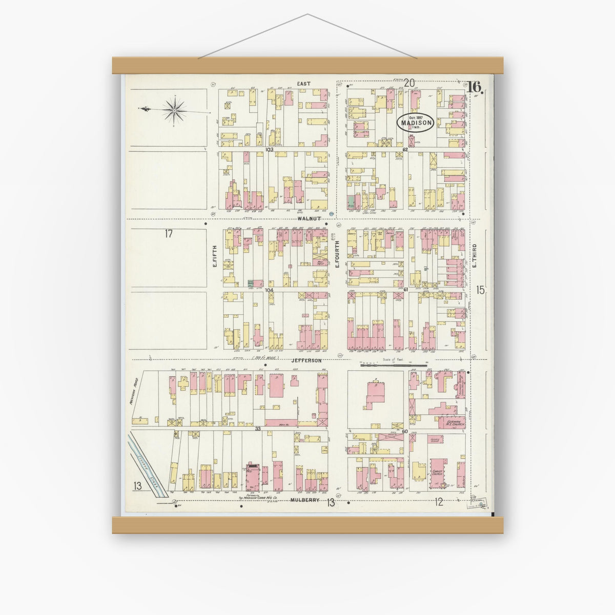 Old map wall art mockup — magnetic wood frame on white wall — Sanborn Fire Insurance Map from Madison, Jefferson County, Indiana (1897), Sheet #0016