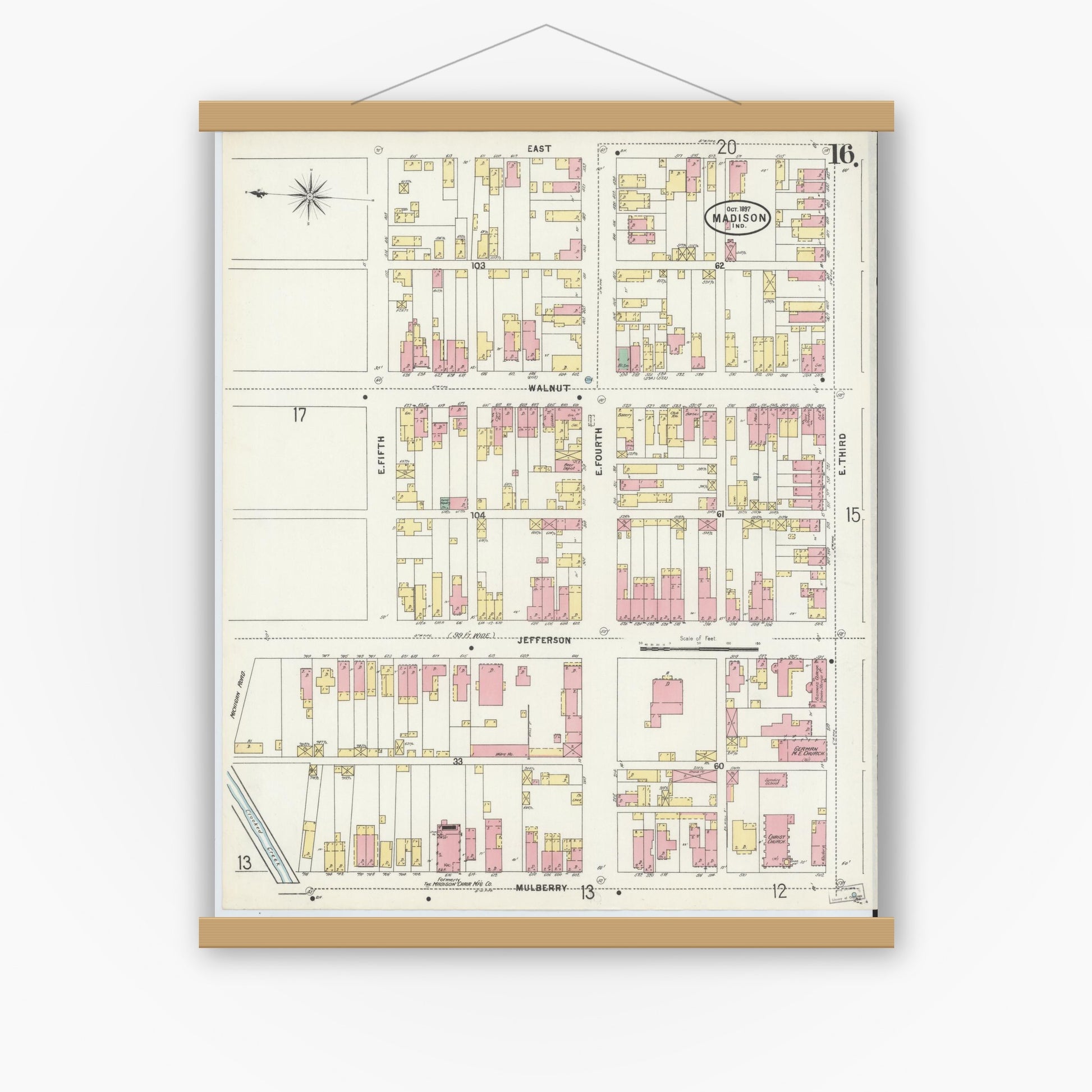 Old map wall art mockup — magnetic wood frame on white wall — Sanborn Fire Insurance Map from Madison, Jefferson County, Indiana (1897), Sheet #0016