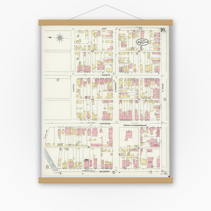 Old map wall art mockup — magnetic wood frame on white wall — Sanborn Fire Insurance Map from Madison, Jefferson County, Indiana (1897), Sheet #0016