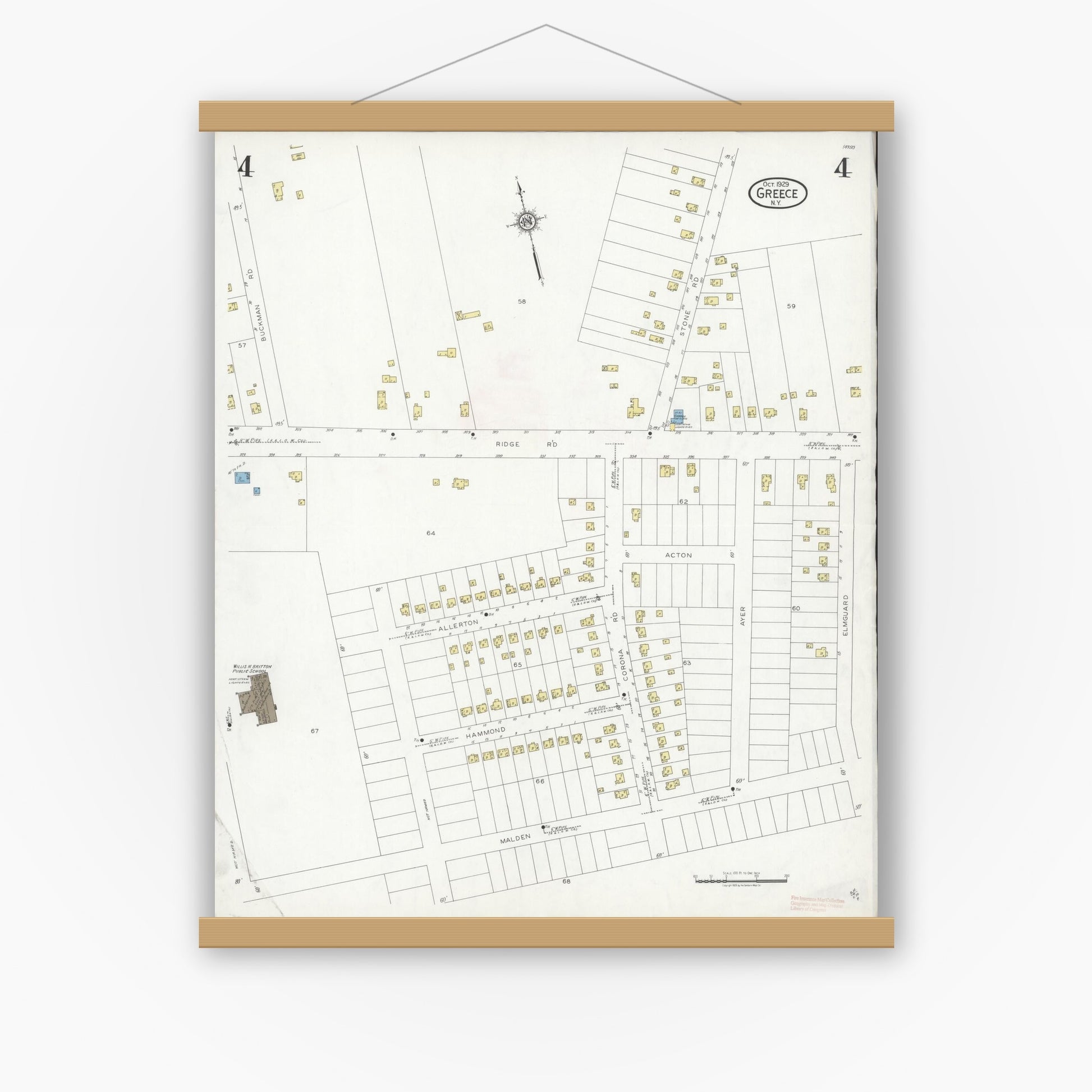 Old map wall art mockup — magnetic wood frame on white wall — Sanborn Fire Insurance Map from Greece, Monroe County, New York (1929), Sheet #0004