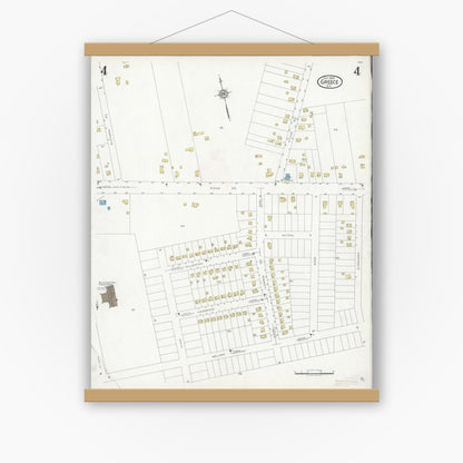 Old map wall art mockup — magnetic wood frame on white wall — Sanborn Fire Insurance Map from Greece, Monroe County, New York (1929), Sheet #0004