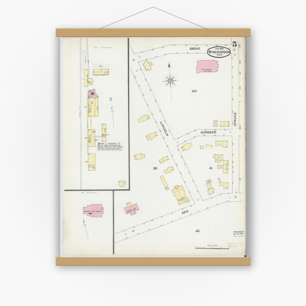 Old map wall art mockup — magnetic wood frame on white wall — Sanborn Fire Insurance Map from Winchendon, Worcester County, Massachusetts (1892), Sheet #0005