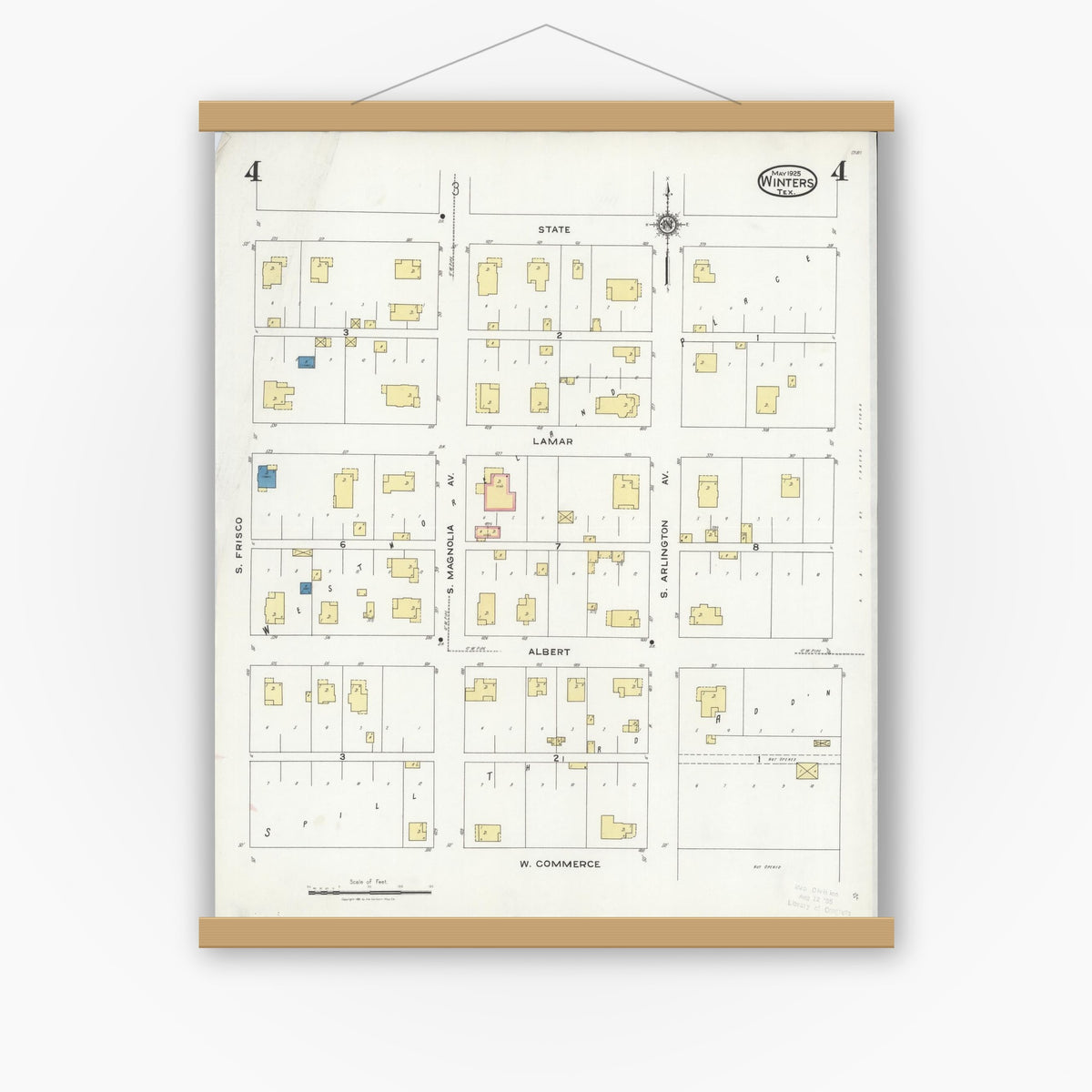 Old map wall art mockup — magnetic wood frame on white wall — Sanborn Fire Insurance Map from Winters, Runnels County, Texas (1925), Sheet #0004
