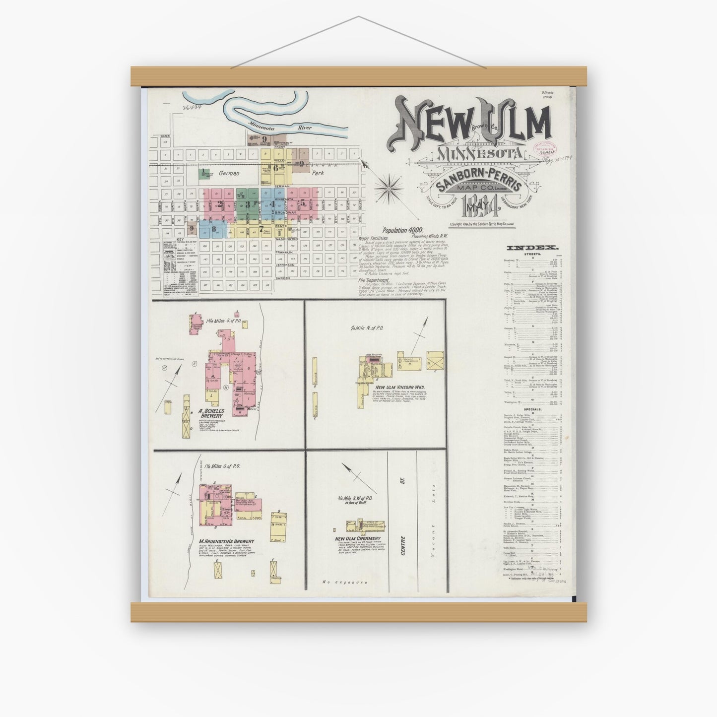 Old map wall art mockup — magnetic wood frame on white wall — Sanborn Fire Insurance Map from New Ulm, Brown County, Minnesota (1894), Sheet #0001