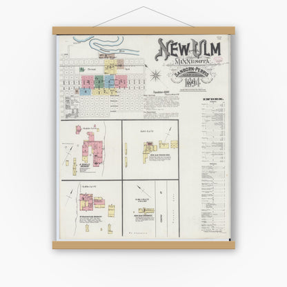 Old map wall art mockup — magnetic wood frame on white wall — Sanborn Fire Insurance Map from New Ulm, Brown County, Minnesota (1894), Sheet #0001