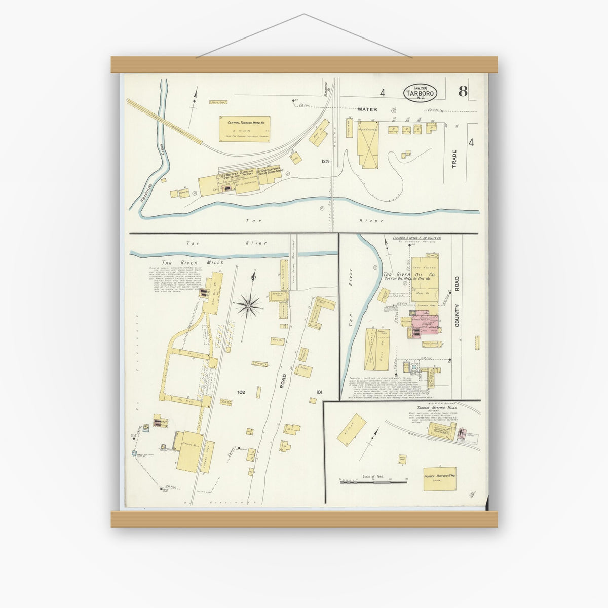Old map wall art mockup — magnetic wood frame on white wall — Sanborn Fire Insurance Map from Tarboro, Edgecombe County, North Carolina (1908), Sheet #0008