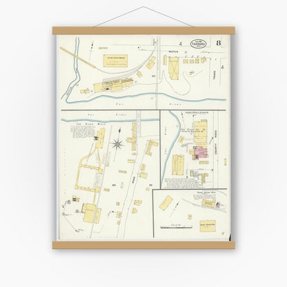 Old map wall art mockup — magnetic wood frame on white wall — Sanborn Fire Insurance Map from Tarboro, Edgecombe County, North Carolina (1908), Sheet #0008