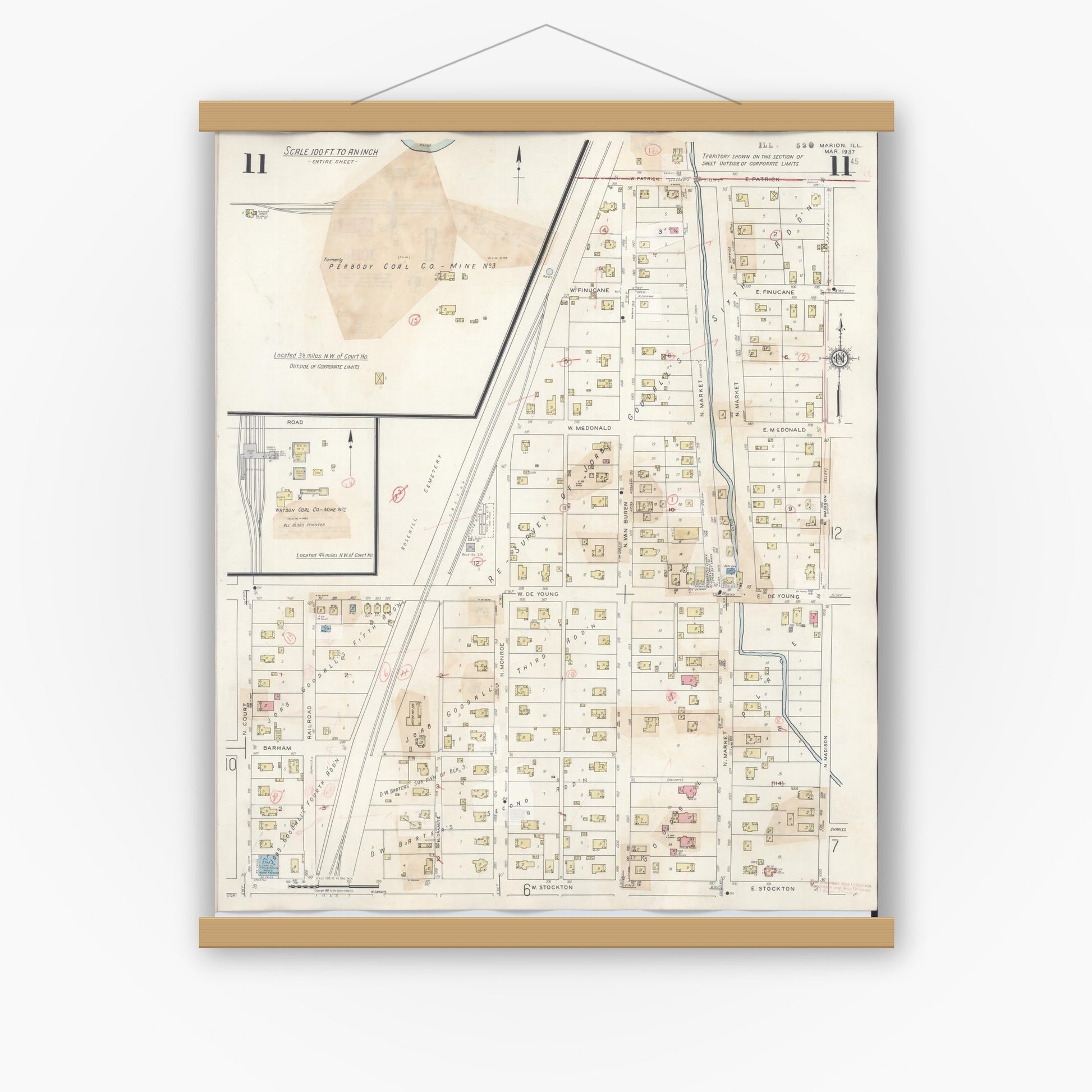Old map wall art mockup — magnetic wood frame on white wall — Sanborn Fire Insurance Map from Marion, Williamson County, Illinois (1946), Sheet #0011