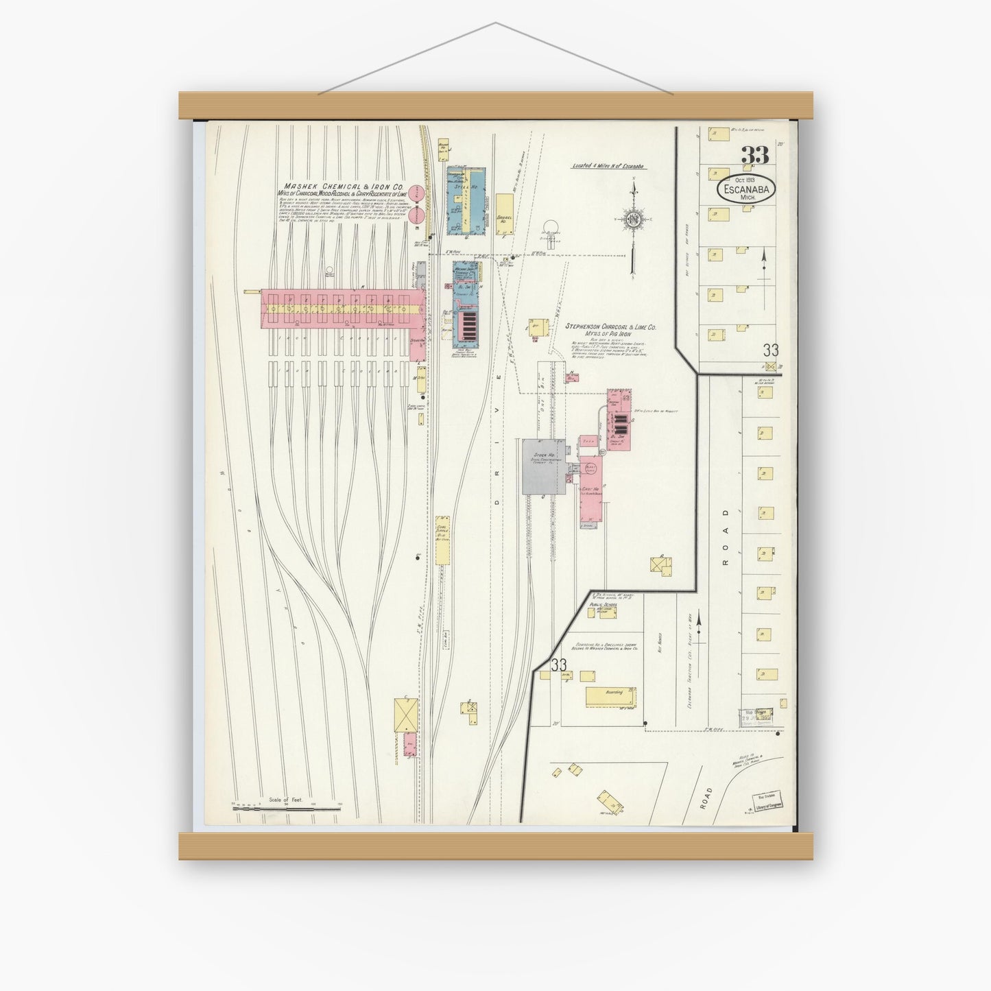 Old map wall art mockup — magnetic wood frame on white wall — Sanborn Fire Insurance Map from Escanaba, Delta County, Michigan (1913), Sheet #0033