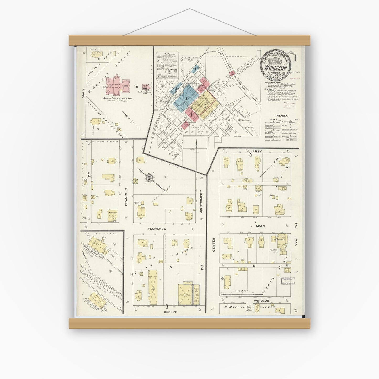 Old map wall art mockup — magnetic wood frame on white wall — Sanborn Fire Insurance Map from Windsor, Henry County, Missouri (1909) - Complete Map Set