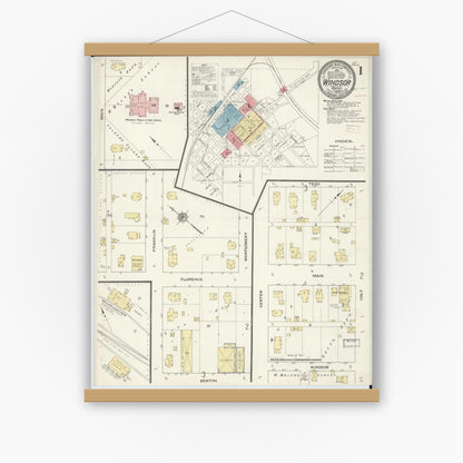 Old map wall art mockup — magnetic wood frame on white wall — Sanborn Fire Insurance Map from Windsor, Henry County, Missouri (1909) - Complete Map Set