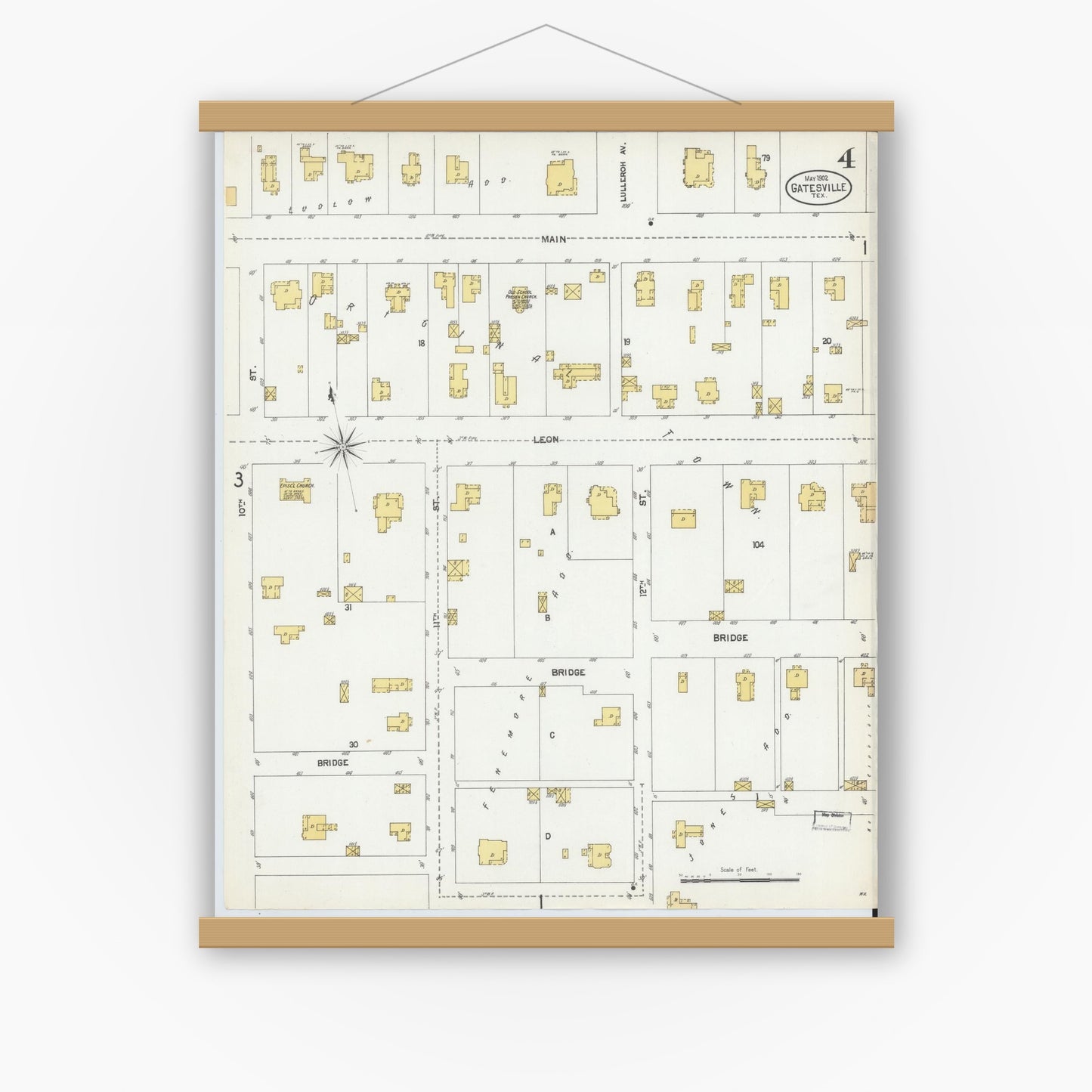 Old map wall art mockup — magnetic wood frame on white wall — Sanborn Fire Insurance Map from Gatesville, Coryell County, Texas (1902), Sheet #0004