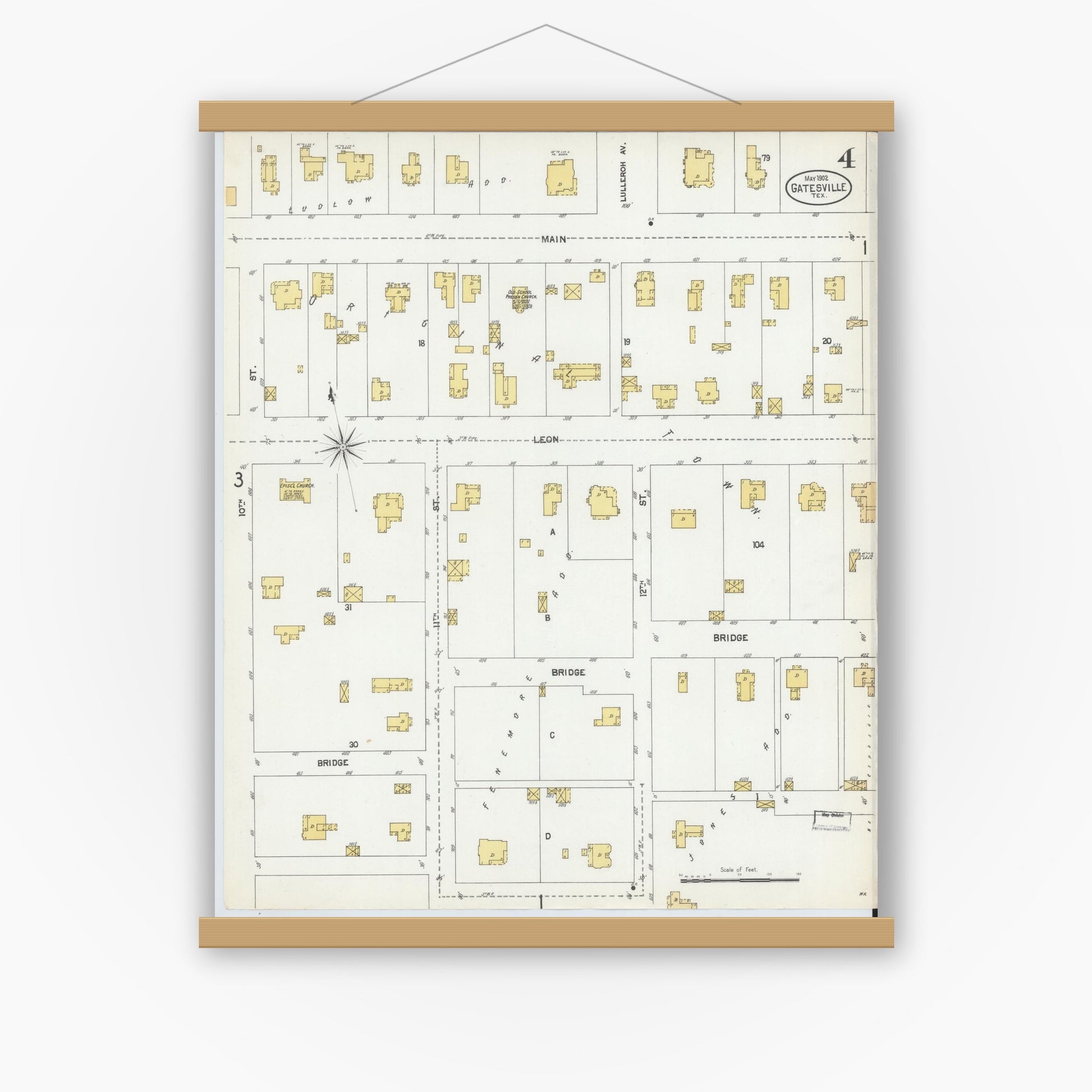 Old map wall art mockup — magnetic wood frame on white wall — Sanborn Fire Insurance Map from Gatesville, Coryell County, Texas (1902), Sheet #0004