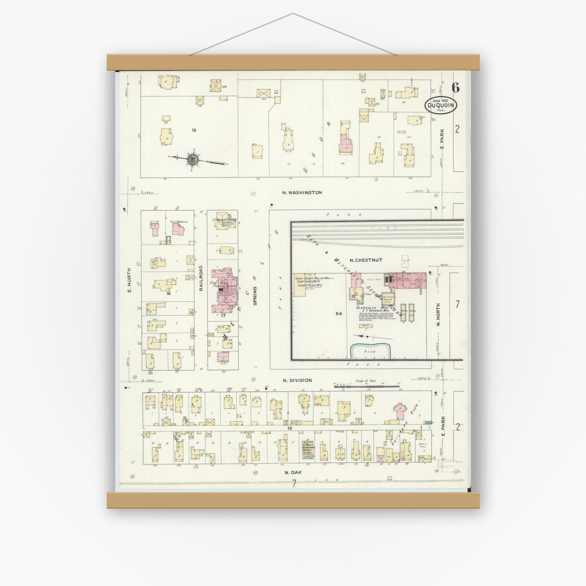 Old map wall art mockup — magnetic wood frame on white wall — Sanborn Fire Insurance Map from Du Quoin, Perry County, Illinois (1910), Sheet #0006