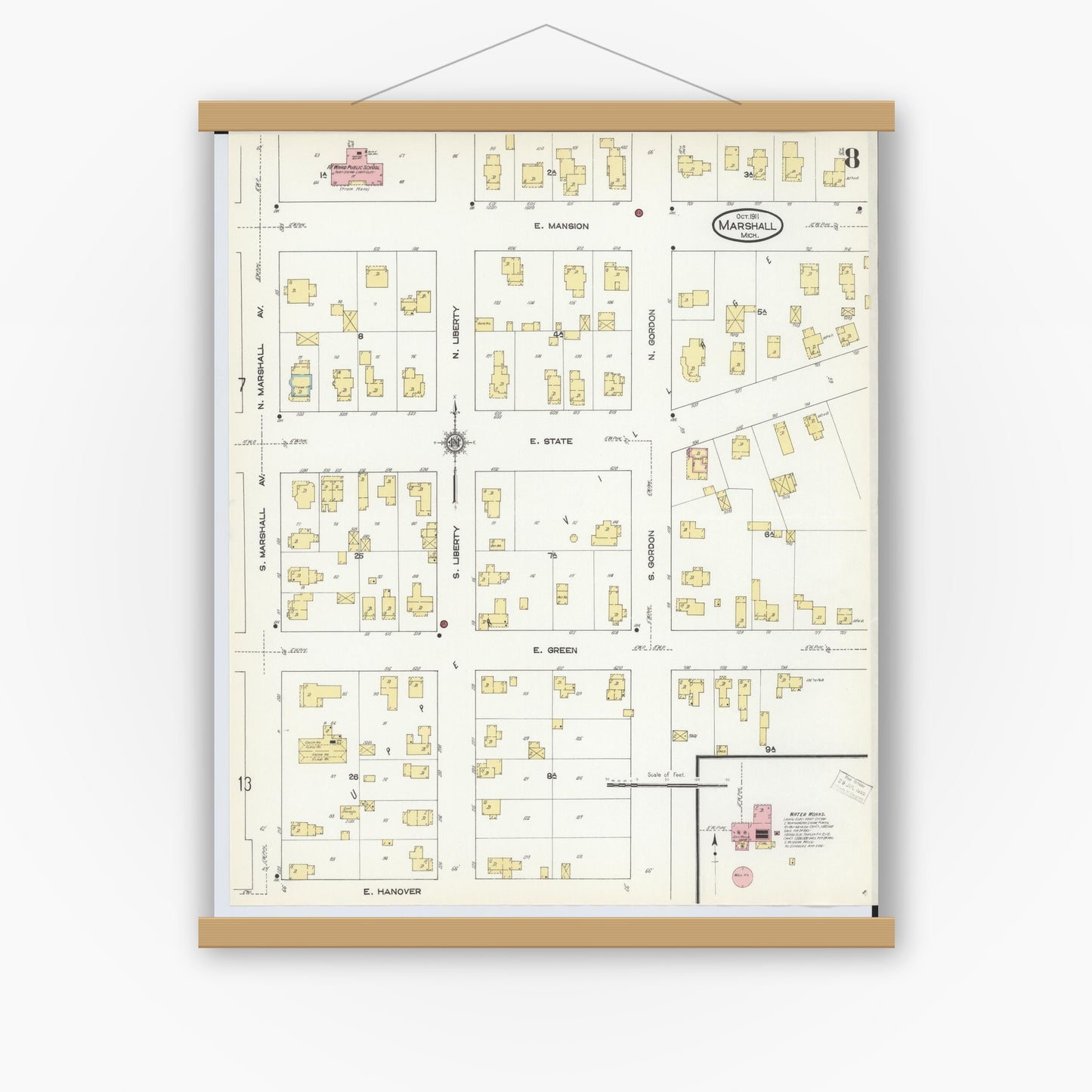 Old map wall art mockup — magnetic wood frame on white wall — Sanborn Fire Insurance Map from Marshall, Calhoun County, Michigan (1911), Sheet #0008