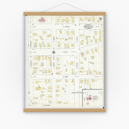 Old map wall art mockup — magnetic wood frame on white wall — Sanborn Fire Insurance Map from Marshall, Calhoun County, Michigan (1911), Sheet #0008