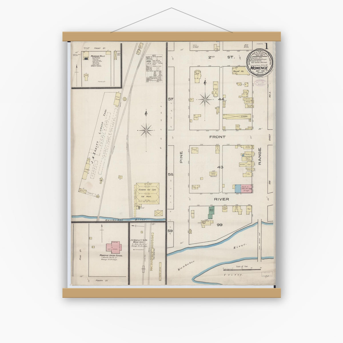 Old map wall art mockup — magnetic wood frame on white wall — Sanborn Fire Insurance Map from Momence, Kankakee County, Illinois (1885) - Complete Map Set