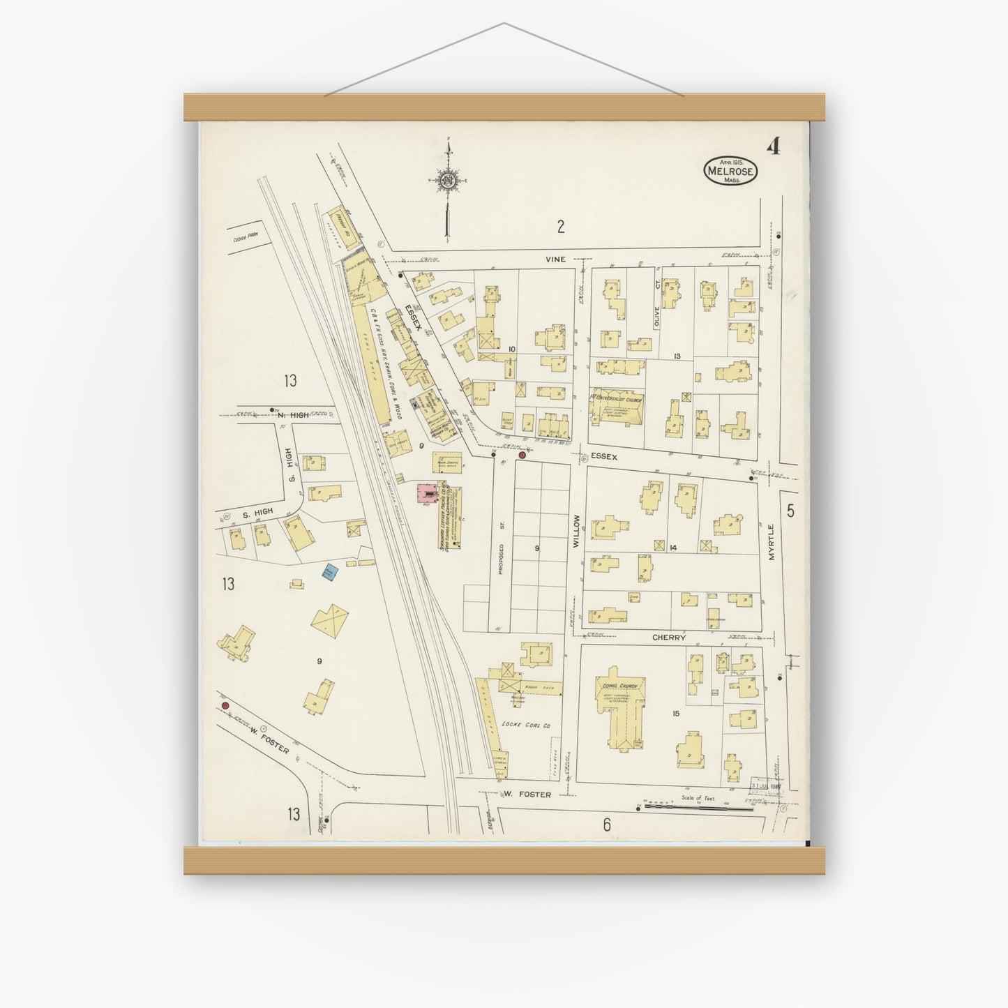 Old map wall art mockup — magnetic wood frame on white wall — Sanborn Fire Insurance Map from Melrose, Middlesex County, Massachusetts (1915), Sheet #0004
