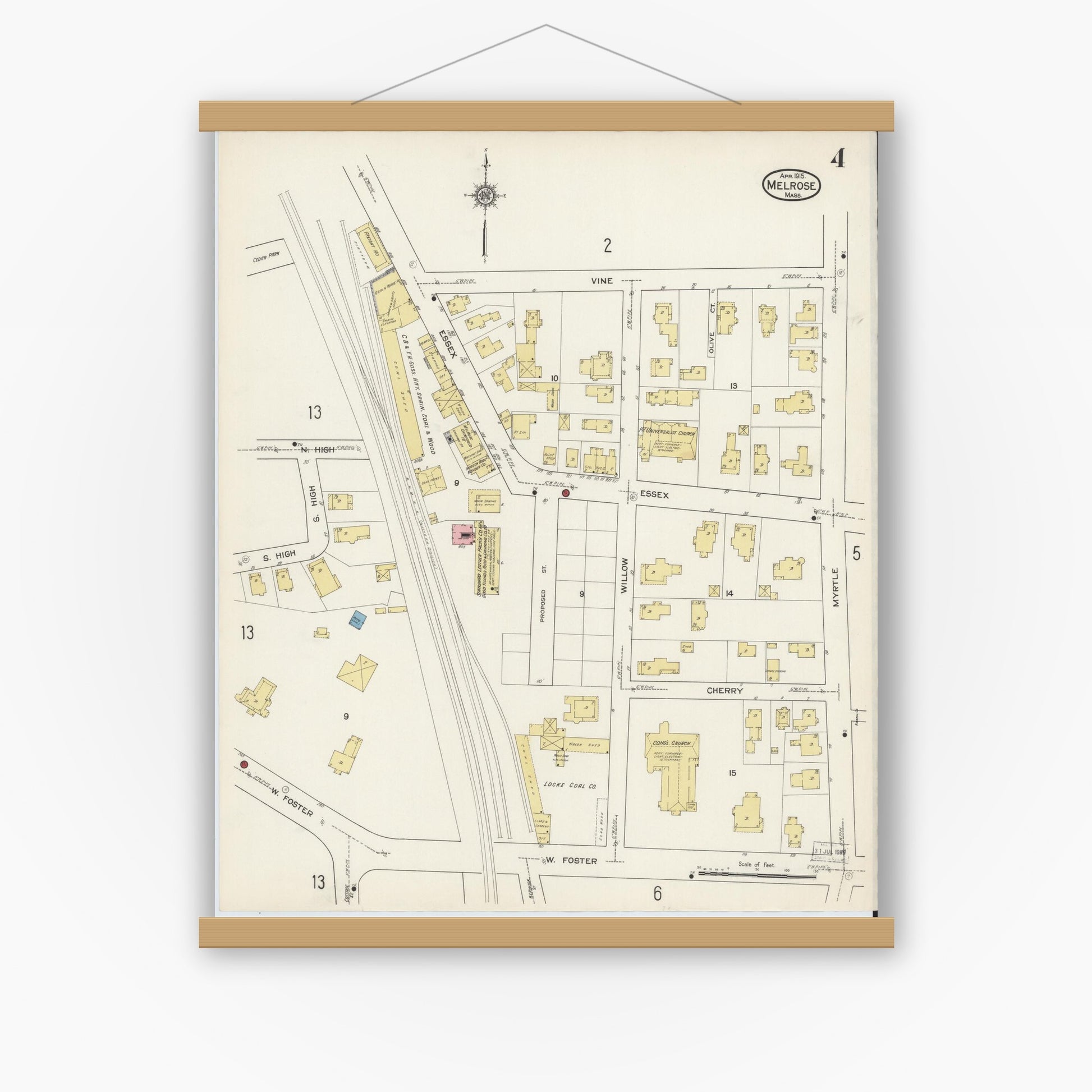 Old map wall art mockup — magnetic wood frame on white wall — Sanborn Fire Insurance Map from Melrose, Middlesex County, Massachusetts (1915), Sheet #0004