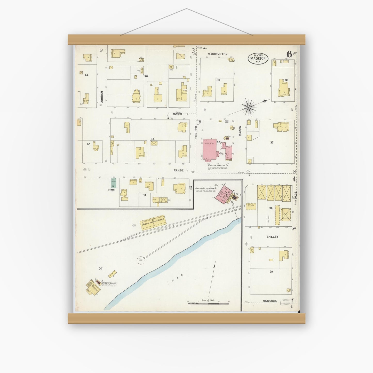 Old map wall art mockup — magnetic wood frame on white wall — Sanborn Fire Insurance Map from Madison, Madison County, Florida (1903), Sheet #0006