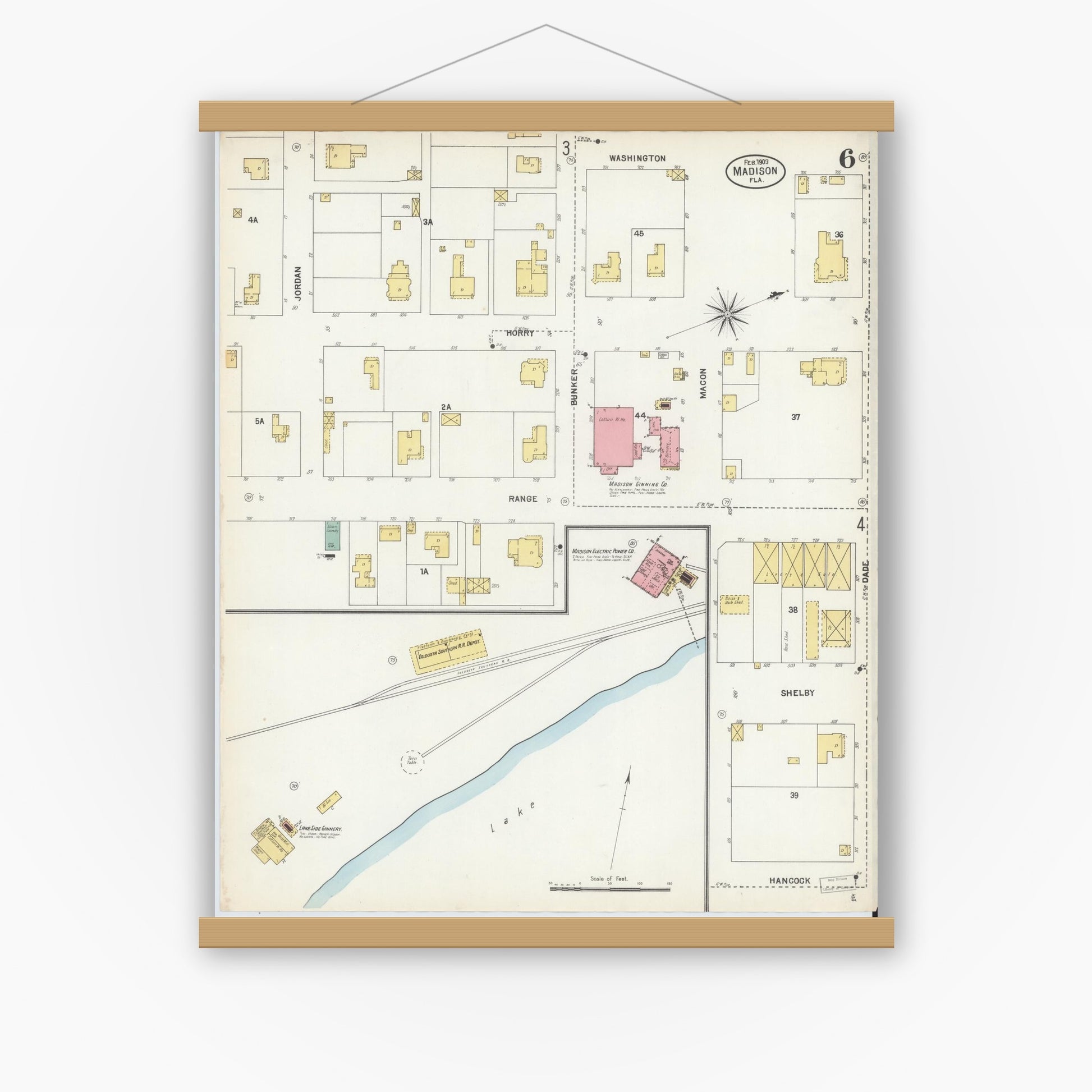 Old map wall art mockup — magnetic wood frame on white wall — Sanborn Fire Insurance Map from Madison, Madison County, Florida (1903), Sheet #0006