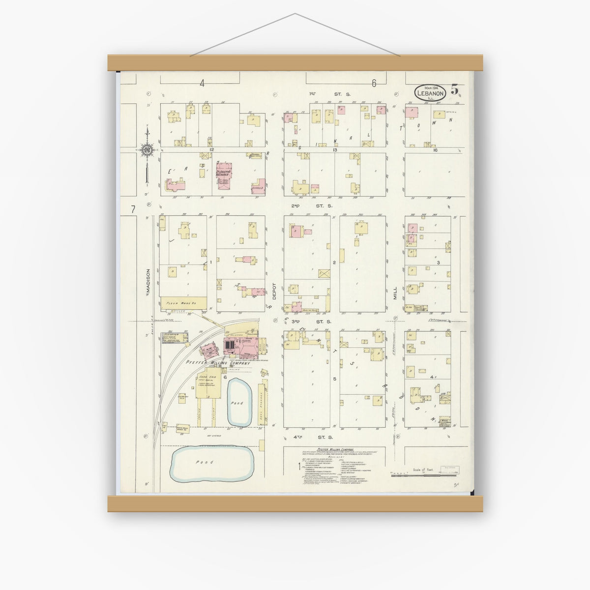 Old map wall art mockup — magnetic wood frame on white wall — Sanborn Fire Insurance Map from Lebanon, Saint Clair County, Illinois (1914), Sheet #0005