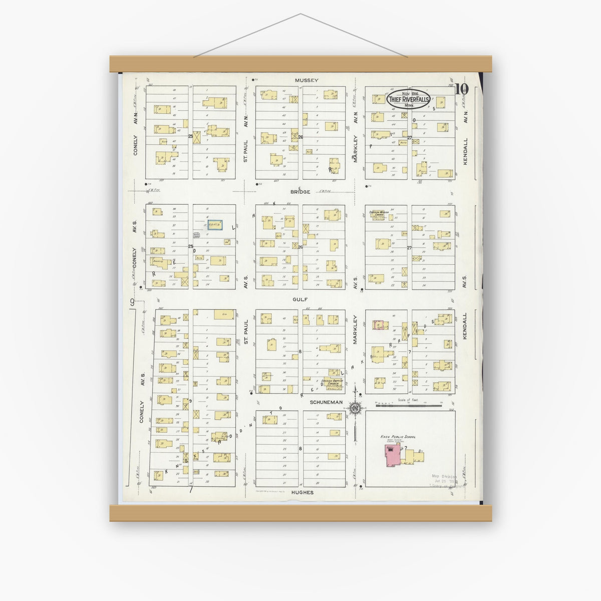 Old map wall art mockup — magnetic wood frame on white wall — Sanborn Fire Insurance Map from Thief River Falls, Pennington County, Minnesota (1916), Sheet #0010