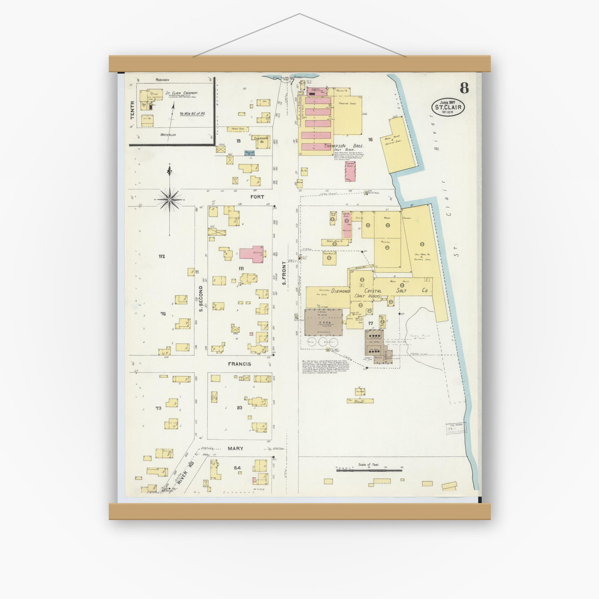 Old map wall art mockup — magnetic wood frame on white wall — Sanborn Fire Insurance Map from Saint Clair, Saint Clair County, Michigan (1907), Sheet #0008