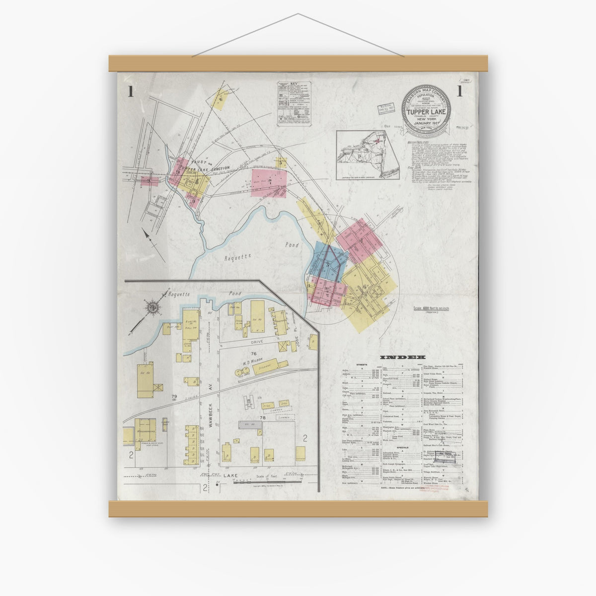 Old map wall art mockup — magnetic wood frame on white wall — Sanborn Fire Insurance Map from Tupper Lake, Franklin County, New York (1927) - Complete Map Set
