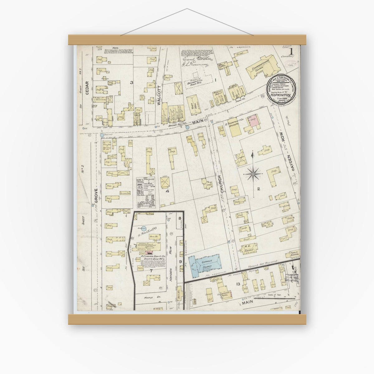 Old map wall art mockup — magnetic wood frame on white wall — Sanborn Fire Insurance Map from Hopkinton, Middlesex County, Massachusetts (1888) - Complete Map Set