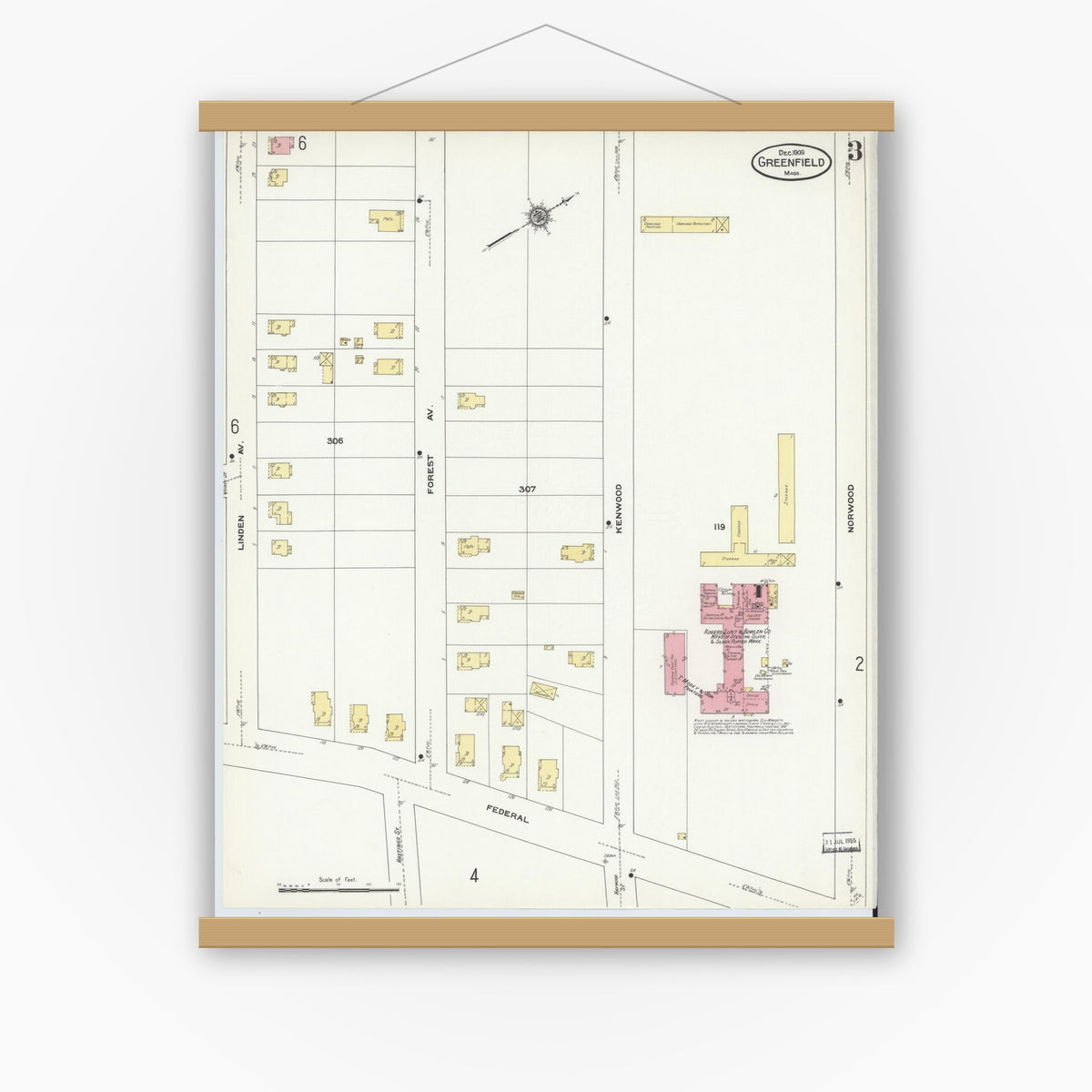 Old map wall art mockup — magnetic wood frame on white wall — Sanborn Fire Insurance Map from Greenfield, Franklin County, Massachusetts (1909), Sheet #0003
