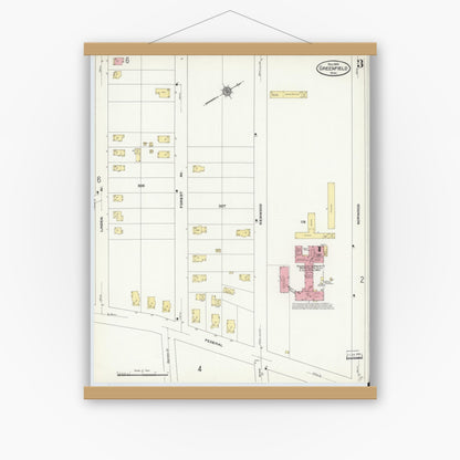 Old map wall art mockup — magnetic wood frame on white wall — Sanborn Fire Insurance Map from Greenfield, Franklin County, Massachusetts (1909), Sheet #0003