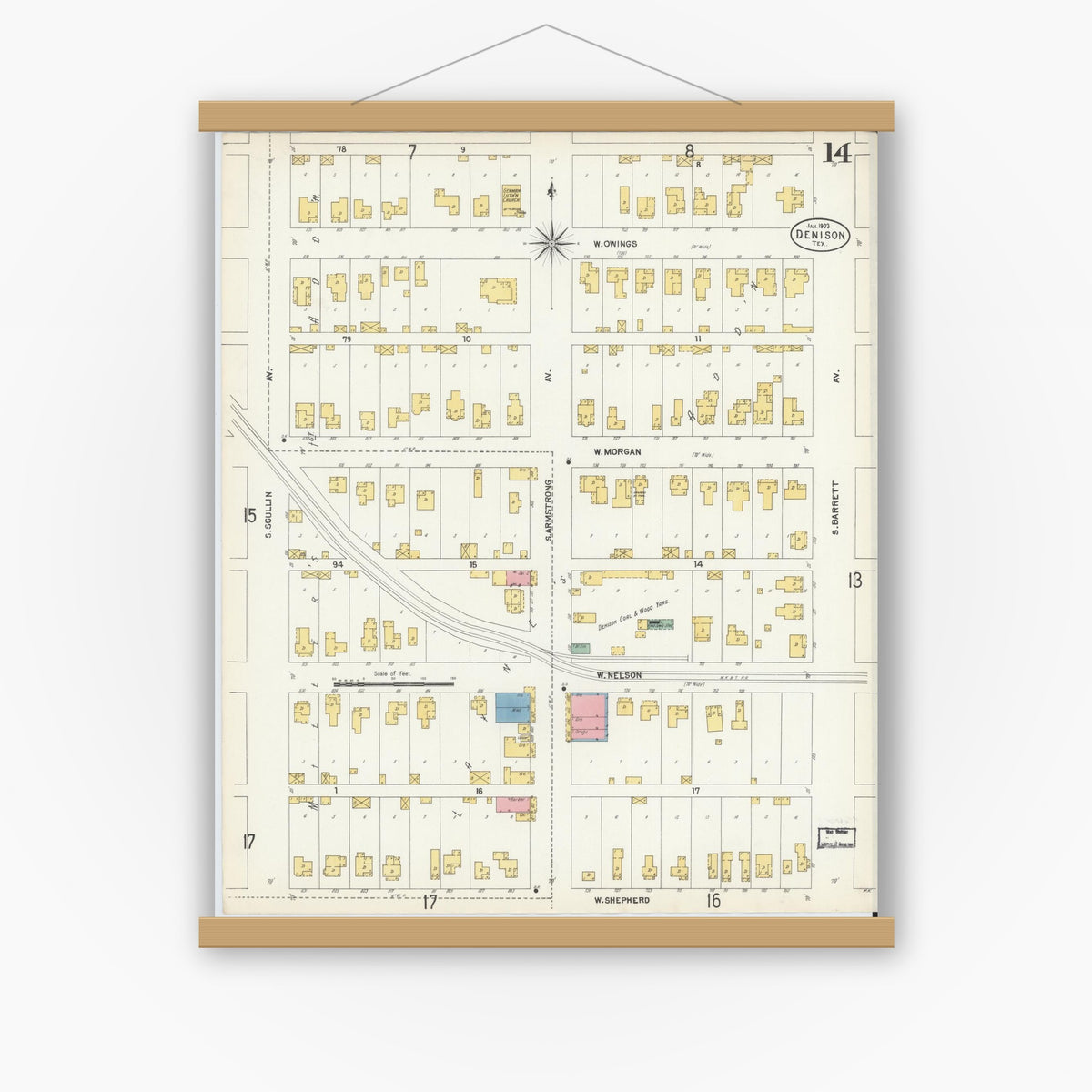 Old map wall art mockup — magnetic wood frame on white wall — Sanborn Fire Insurance Map from Denison, Grayson County, Texas (1903), Sheet #0014