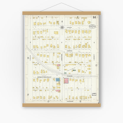 Old map wall art mockup — magnetic wood frame on white wall — Sanborn Fire Insurance Map from Denison, Grayson County, Texas (1903), Sheet #0014