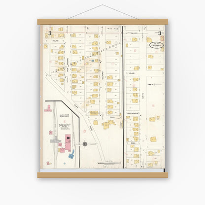 Old map wall art mockup — magnetic wood frame on white wall — Sanborn Fire Insurance Map from Caldwell, Noble County, Ohio (1932), Sheet #0003