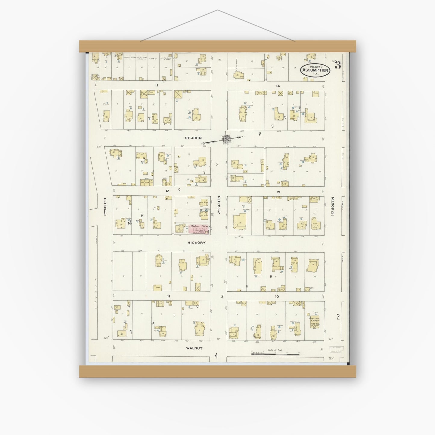 Old map wall art mockup — magnetic wood frame on white wall — Sanborn Fire Insurance Map from Assumption, Christian County, Illinois (1909), Sheet #0003