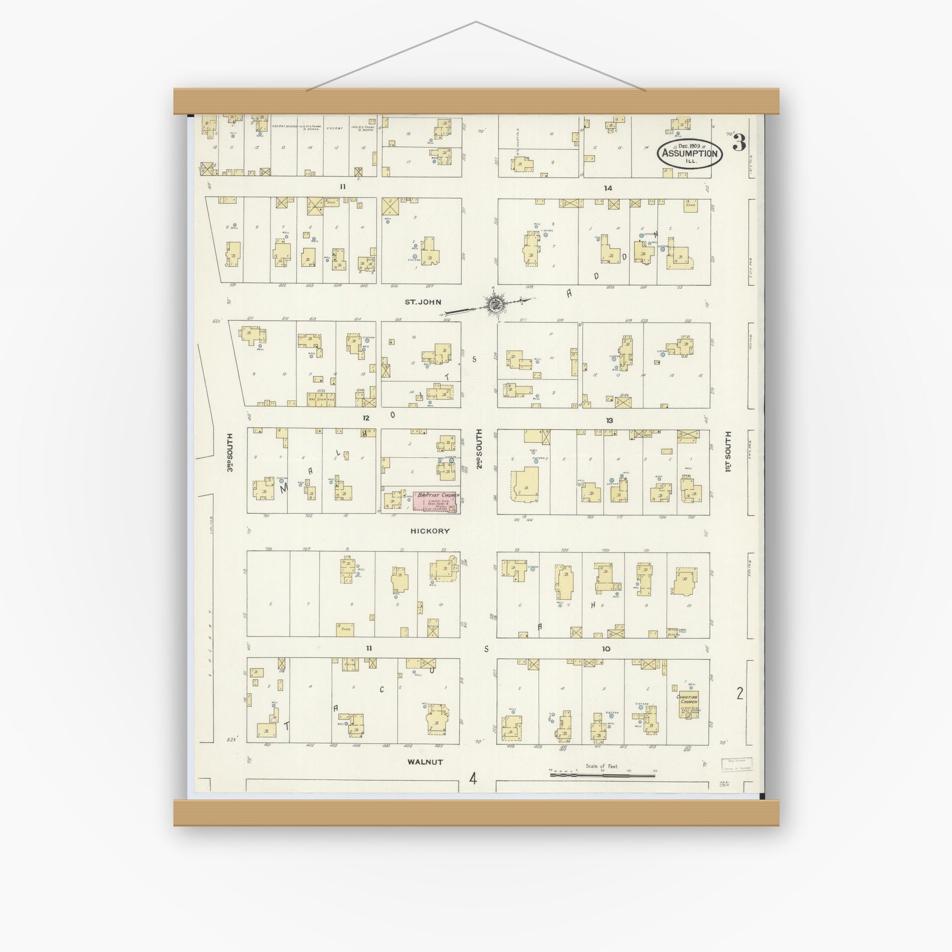 Old map wall art mockup — magnetic wood frame on white wall — Sanborn Fire Insurance Map from Assumption, Christian County, Illinois (1909), Sheet #0003