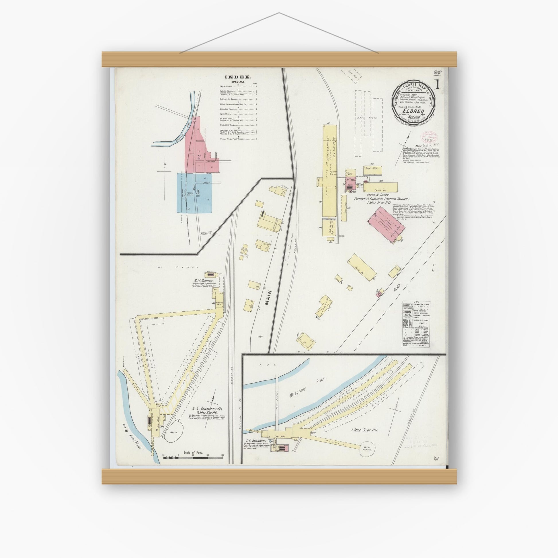 Old map wall art mockup — magnetic wood frame on white wall — Sanborn Fire Insurance Map from Eldred, McKean County, Pennsylvania (1894), Sheet #0001