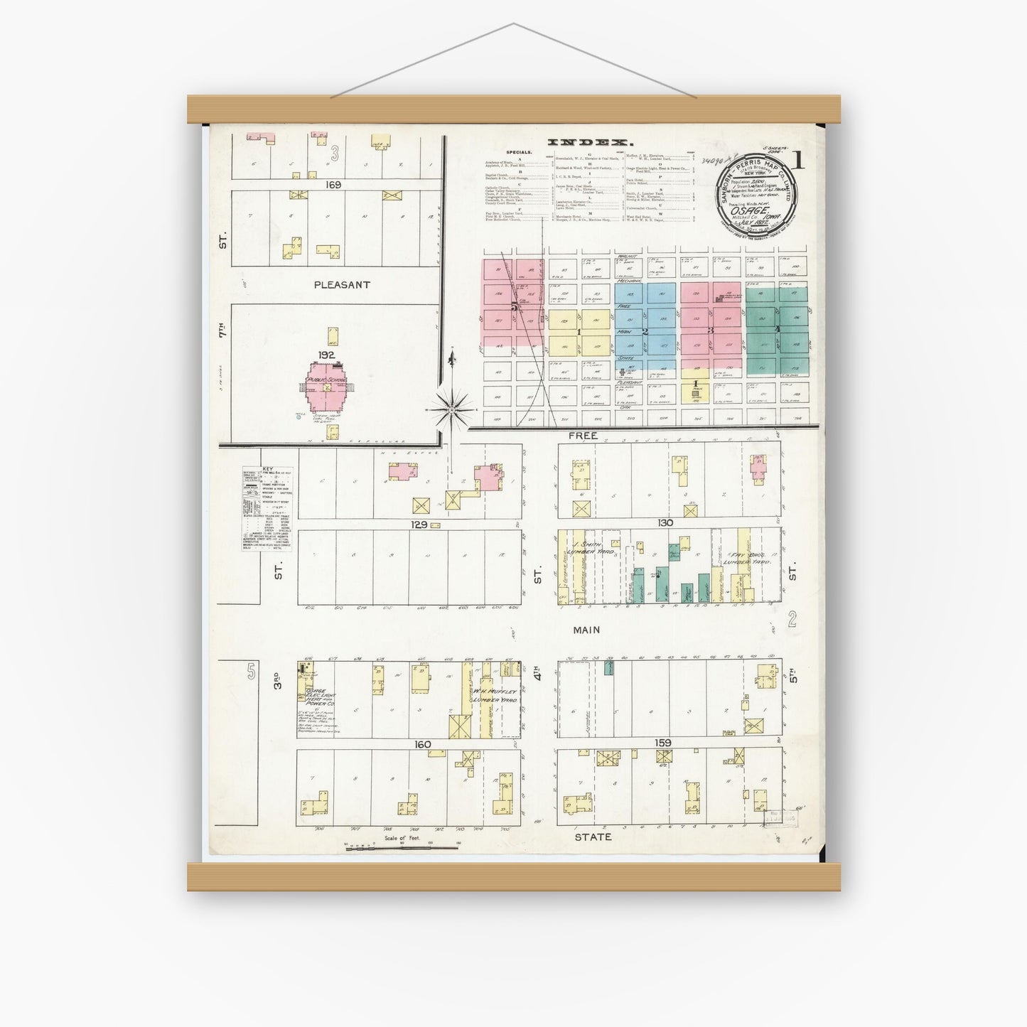 Old map wall art mockup — magnetic wood frame on white wall — Sanborn Fire Insurance Map from Osage, Mitchell County, Iowa (1892) â€” Complete Set