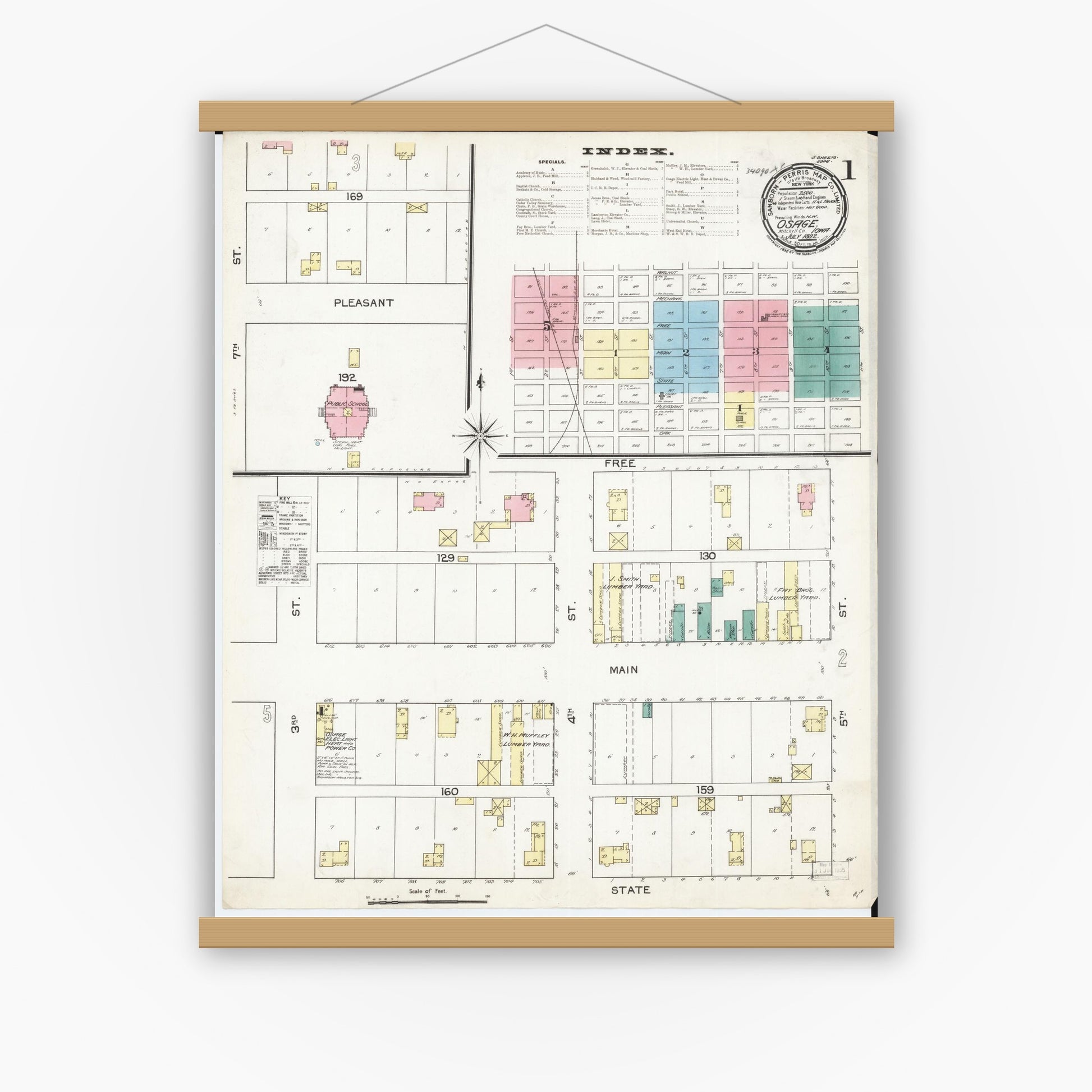 Old map wall art mockup — magnetic wood frame on white wall — Sanborn Fire Insurance Map from Osage, Mitchell County, Iowa (1892) â€” Complete Set