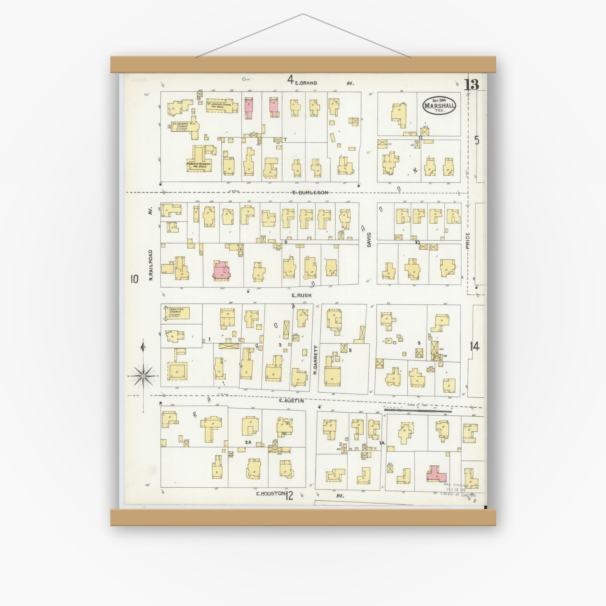 Old map wall art mockup — magnetic wood frame on white wall — Sanborn Fire Insurance Map from Marshall, Harrison County, Texas (1904), Sheet #0013