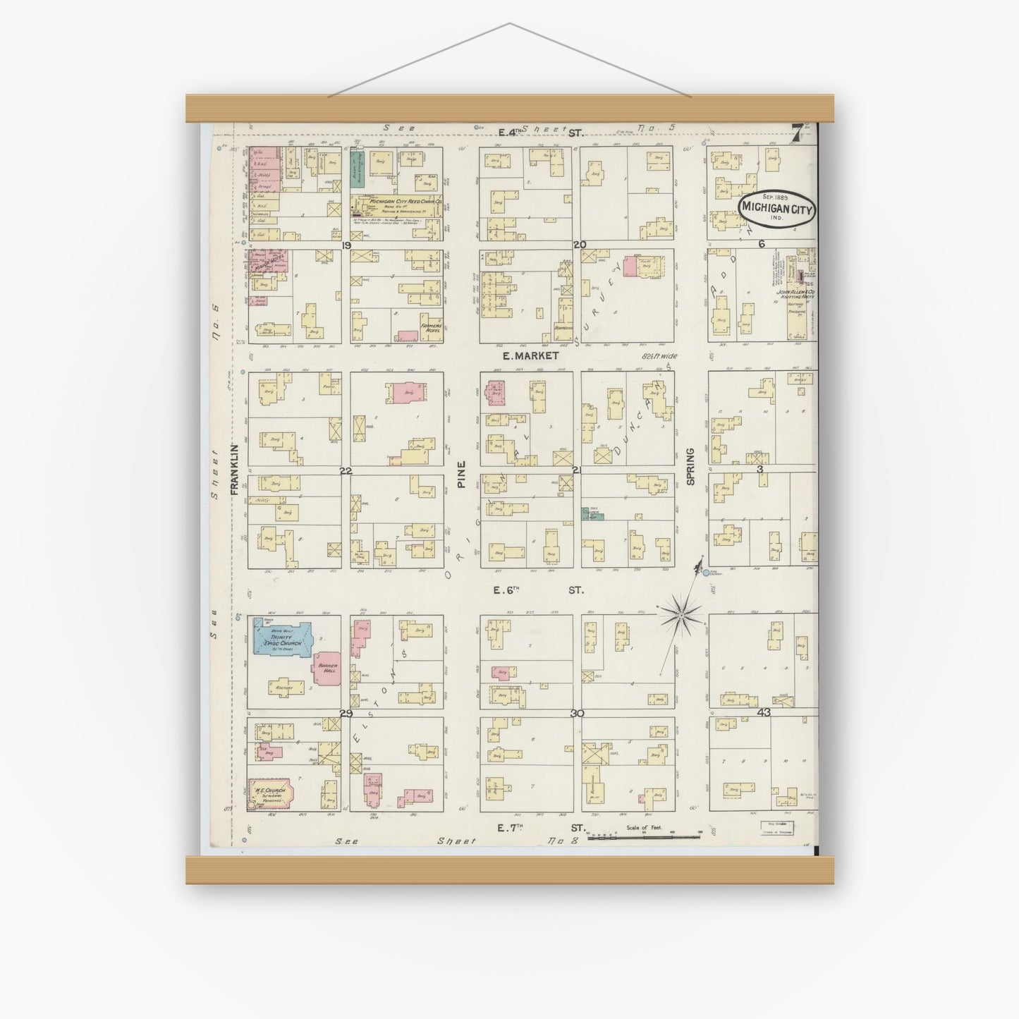 Old map wall art mockup — magnetic wood frame on white wall — Sanborn Fire Insurance Map from Michigan City, La Porte County, Indiana (1889), Sheet #0007