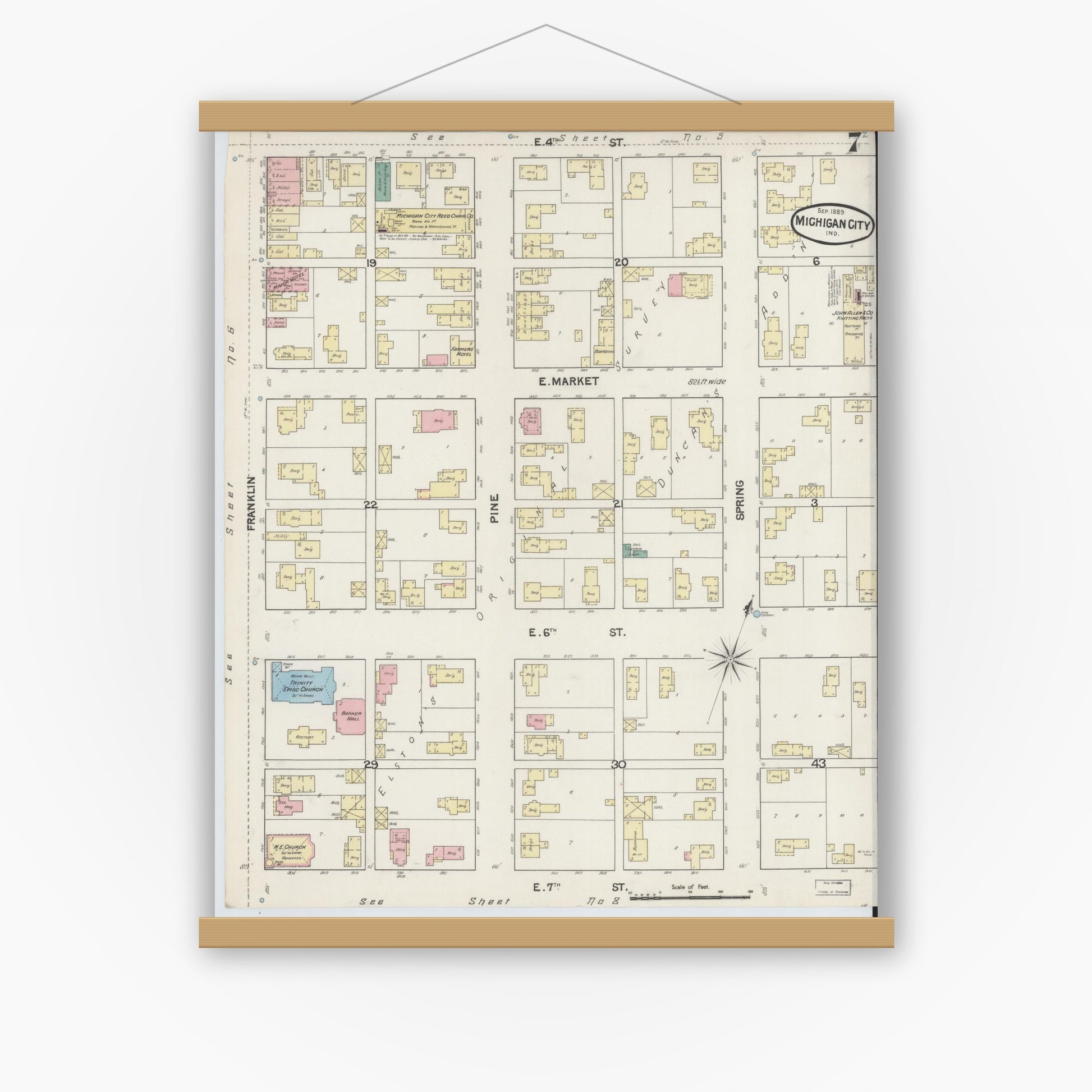 Old map wall art mockup — magnetic wood frame on white wall — Sanborn Fire Insurance Map from Michigan City, La Porte County, Indiana (1889), Sheet #0007
