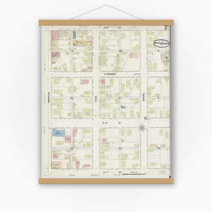 Old map wall art mockup — magnetic wood frame on white wall — Sanborn Fire Insurance Map from Michigan City, La Porte County, Indiana (1889), Sheet #0007