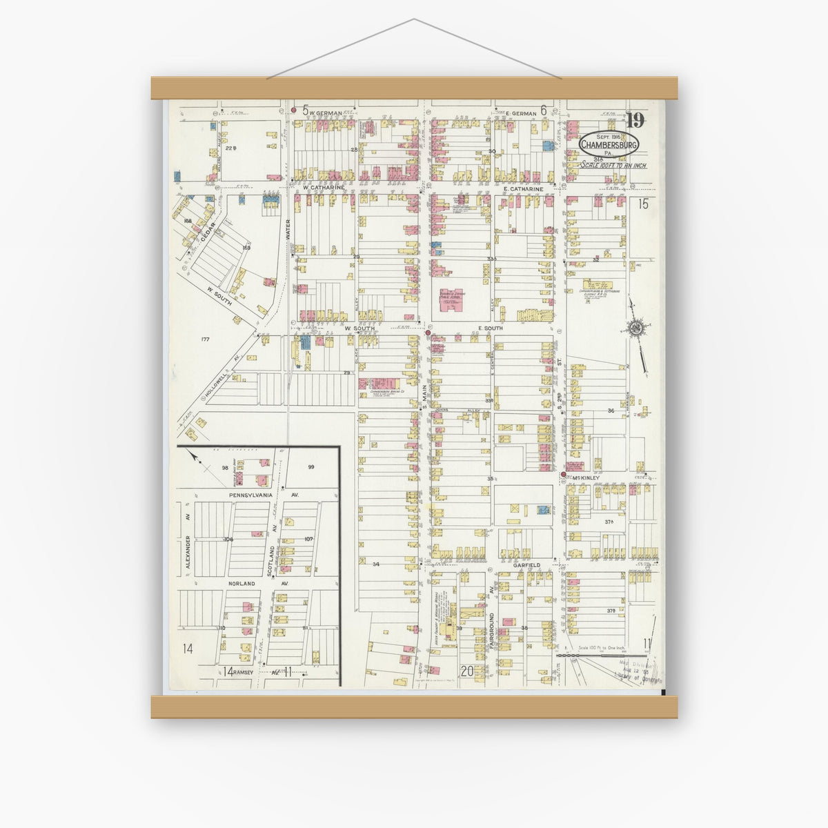 Old map wall art mockup — magnetic wood frame on white wall — Sanborn Fire Insurance Map from Chambersburg, Franklin County, Pennsylvania (1916), Sheet #0019